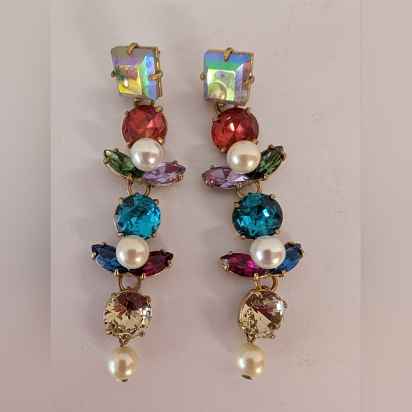 J. Crew Colorful Rhinestone And Faux Pearl Drop Earrings - Picture 2 of 4
